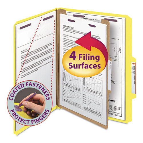 Image of Smead Four-Section Pressboard Top Tab Classification Folders, Four SafeSHIELD Fasteners, 1 Divider, Letter Size, Yellow, 10/Box