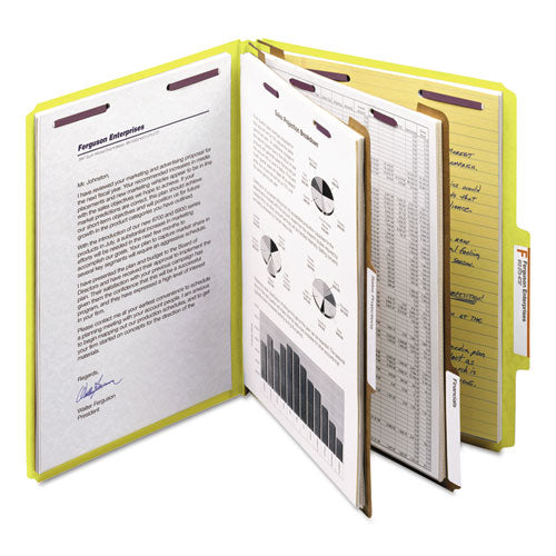 Image of Smead Six-Section Pressboard Top Tab Classification Folders, Six SafeSHIELD Fasteners, 2 Dividers, Letter Size, Yellow, 10/Box