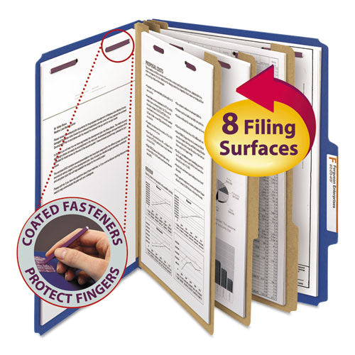 Image of Smead Eight-Section Pressboard Top Tab Classification Folders, 8 SafeSHIELD Fasteners, 3 Dividers, Letter Size, Dark Blue, 10/Box