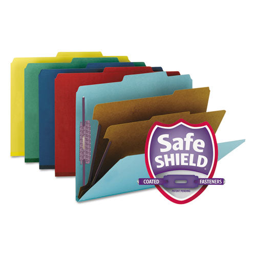 Image of Smead Six-Section Pressboard Top Tab Classification Folders, Six SafeSHIELD Fasteners, 2 Dividers, Letter Size, Assorted, 10/Box