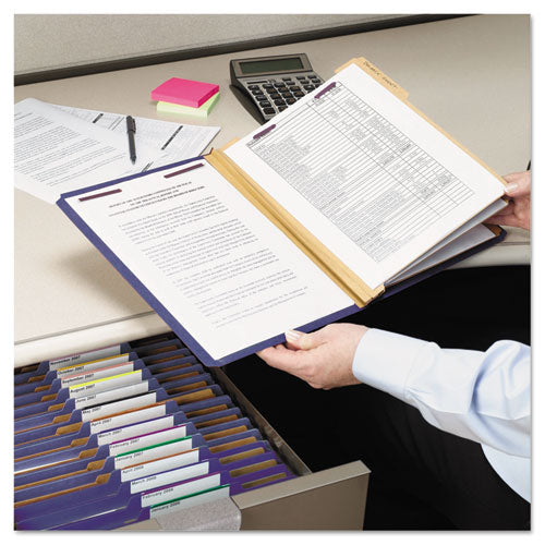 Image of Smead Eight-Section Pressboard Top Tab Classification Folders, 8 SafeSHIELD Fasteners, 3 Dividers, Letter Size, Dark Blue, 10/Box