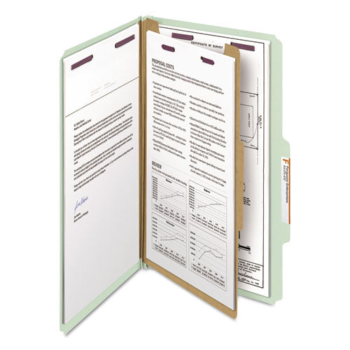 Image of Smead Pressboard Classification Folders, Four SafeSHIELD Fasteners, 2/5-Cut Tabs, 1 Divider, Legal Size, Gray-Green, 10/Box