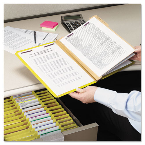 Image of Smead Six-Section Pressboard Top Tab Classification Folders, Six SafeSHIELD Fasteners, 2 Dividers, Legal Size, Yellow, 10/Box