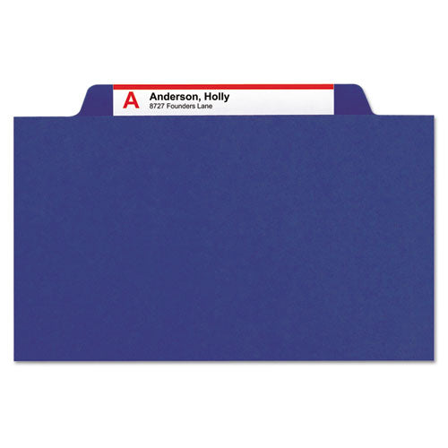 Image of Smead 6-Section Pressboard Top Tab Pocket Classification Folders, 6 SafeSHIELD Fasteners, 2 Dividers, Letter Size, Dark Blue, 10/BX