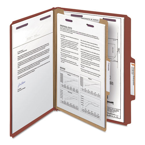 Image of Smead Pressboard Classification Folders, Four SafeSHIELD Fasteners, 2/5-Cut Tabs, 1 Divider, Letter Size, Red, 10/Box