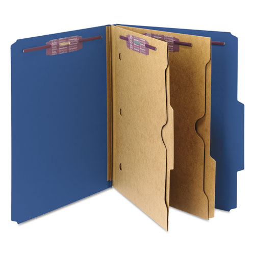 Image of Smead 6-Section Pressboard Top Tab Pocket Classification Folders, 6 SafeSHIELD Fasteners, 2 Dividers, Letter Size, Dark Blue, 10/BX