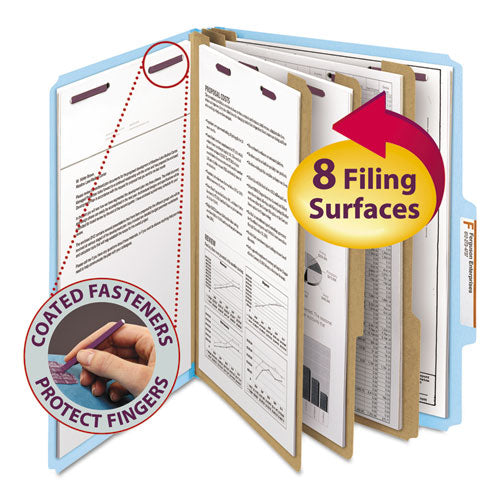 Image of Smead Pressboard Top Tab Classification Folders, Eight SafeSHIELD Fasteners, 3" Expansion, 3 Dividers, Letter Size, Blue, 10/Box