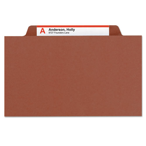Image of Smead 6-Section Pressboard Top Tab Pocket Classification Folders, 6 SafeSHIELD Fasteners, 2 Dividers, Letter Size, Red, 10/Box