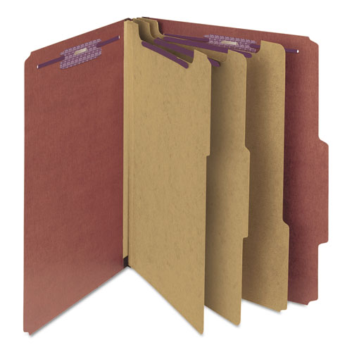 Image of Smead Pressboard Classification Folders, Eight SafeSHIELD Fasteners, 2/5-Cut Tabs, 3 Dividers, Letter Size, Red, 10/Box
