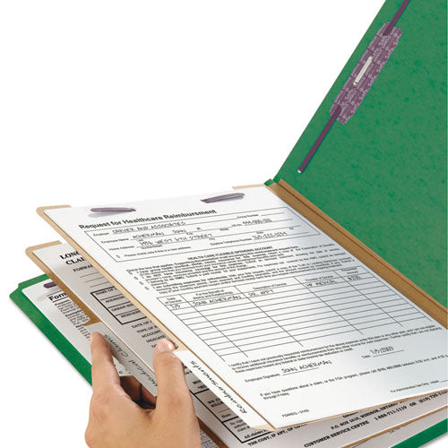 Image of Smead Six-Section Pressboard Top Tab Classification Folders, Six SafeSHIELD Fasteners, 2 Dividers, Letter Size, Green, 10/Box