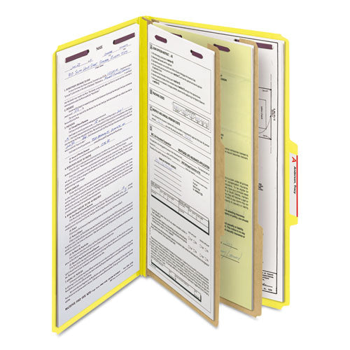Image of Smead Six-Section Pressboard Top Tab Classification Folders, Six SafeSHIELD Fasteners, 2 Dividers, Legal Size, Yellow, 10/Box