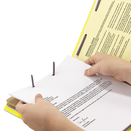 Image of Smead 6-Section Pressboard Top Tab Pocket Classification Folders, 6 SafeSHIELD Fasteners, 2 Dividers, Letter Size, Yellow, 10/Box