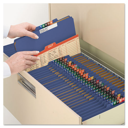Image of Smead Eight-Section Pressboard Top Tab Classification Folders, 8 SafeSHIELD Fasteners, 3 Dividers, Letter Size, Dark Blue, 10/Box