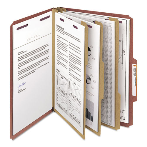 Image of Smead Pressboard Classification Folders, Eight SafeSHIELD Fasteners, 2/5-Cut Tabs, 3 Dividers, Letter Size, Red, 10/Box