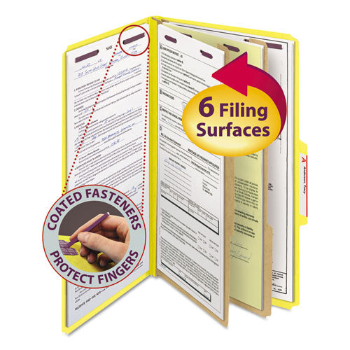 Image of Smead Six-Section Pressboard Top Tab Classification Folders, Six SafeSHIELD Fasteners, 2 Dividers, Legal Size, Yellow, 10/Box
