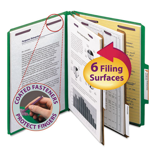Image of Smead Six-Section Pressboard Top Tab Classification Folders, Six SafeSHIELD Fasteners, 2 Dividers, Letter Size, Green, 10/Box