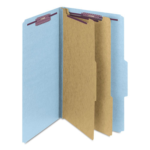 Image of Smead Six-Section Pressboard Top Tab Classification Folders, Six SafeSHIELD Fasteners, 2 Dividers, Legal Size, Blue, 10/Box