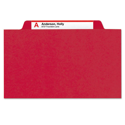 Image of Smead 6-Section Pressboard Top Tab Pocket Classification Folders, 6 SafeSHIELD Fasteners, 2 Dividers, Letter Size, Bright Red,10/BX
