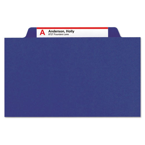 Image of Smead Eight-Section Pressboard Top Tab Classification Folders, 8 SafeSHIELD Fasteners, 3 Dividers, Letter Size, Dark Blue, 10/Box