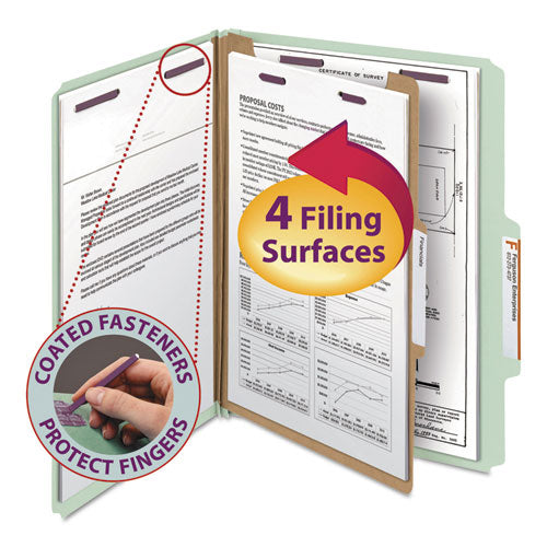 Image of Smead Pressboard Classification Folders, Four SafeSHIELD Fasteners, 2/5-Cut Tabs, 1 Divider, Letter Size, Gray-Green, 10/Box