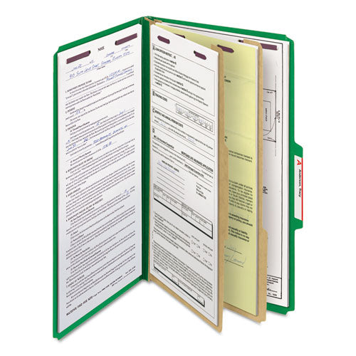 Image of Smead Six-Section Pressboard Top Tab Classification Folders, Six SafeSHIELD Fasteners, 2 Dividers, Legal Size, Green, 10/Box