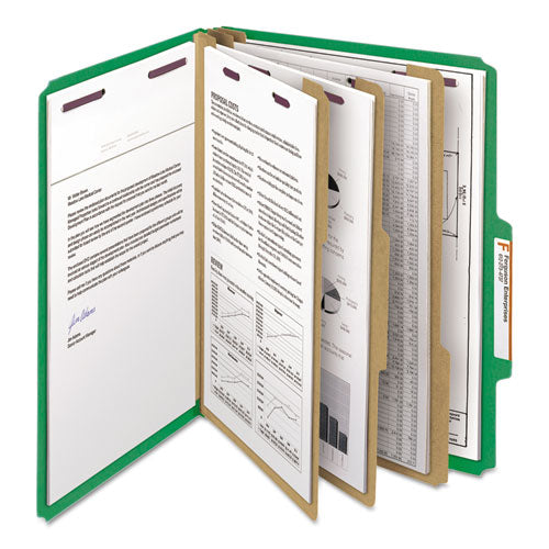 Image of Smead Eight-Section Pressboard Top Tab Classification Folders, Eight SafeSHIELD Fasteners, 3 Dividers, Letter Size, Green, 10/Box