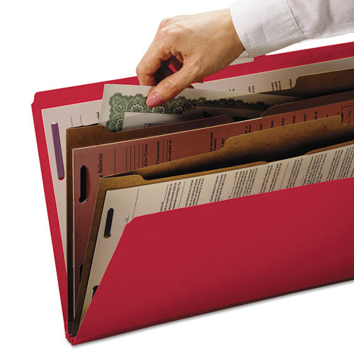 Image of Smead 6-Section Pressboard Top Tab Pocket Classification Folders, 6 SafeSHIELD Fasteners, 2 Dividers, Letter Size, Bright Red,10/BX