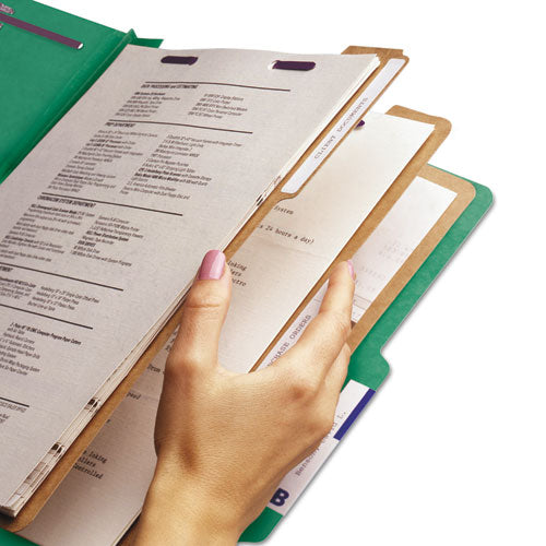 Image of Smead Eight-Section Pressboard Top Tab Classification Folders, Eight SafeSHIELD Fasteners, 3 Dividers, Letter Size, Green, 10/Box
