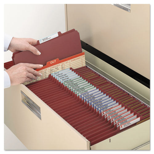Image of Smead 6-Section Pressboard Top Tab Pocket Classification Folders, 6 SafeSHIELD Fasteners, 2 Dividers, Letter Size, Red, 10/Box