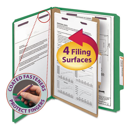 Image of Smead Four-Section Pressboard Top Tab Classification Folders, Four SafeSHIELD Fasteners, 1 Divider, Letter Size, Green, 10/Box