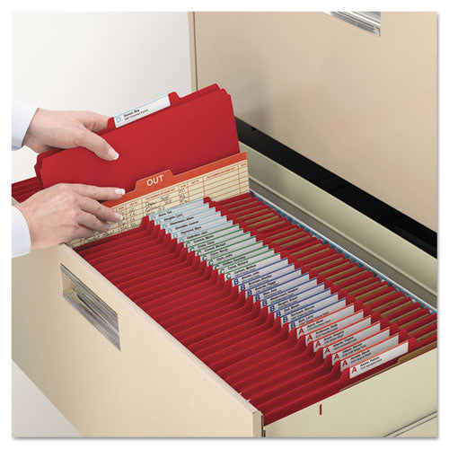 Image of Smead 6-Section Pressboard Top Tab Pocket Classification Folders, 6 SafeSHIELD Fasteners, 2 Dividers, Letter Size, Bright Red,10/BX