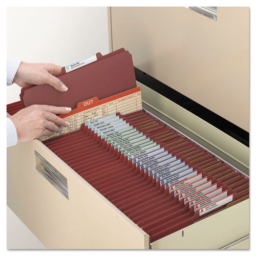 Image of Smead Pressboard Classification Folders, Eight SafeSHIELD Fasteners, 2/5-Cut Tabs, 3 Dividers, Letter Size, Red, 10/Box
