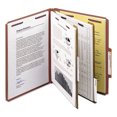 Image of Smead Pressboard Classification Folders, Six SafeSHIELD Fasteners, 2/5-Cut Tabs, 2 Dividers, Letter Size, Red, 10/Box