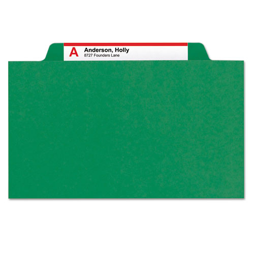 Image of Smead 6-Section Pressboard Top Tab Pocket Classification Folders, 6 SafeSHIELD Fasteners, 2 Dividers, Letter Size, Green, 10/Box