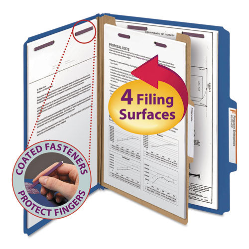 Image of Smead Four-Section Pressboard Top Tab Classification Folders, Four SafeSHIELD Fasteners, 1 Divider, Letter Size, Dark Blue, 10/Box
