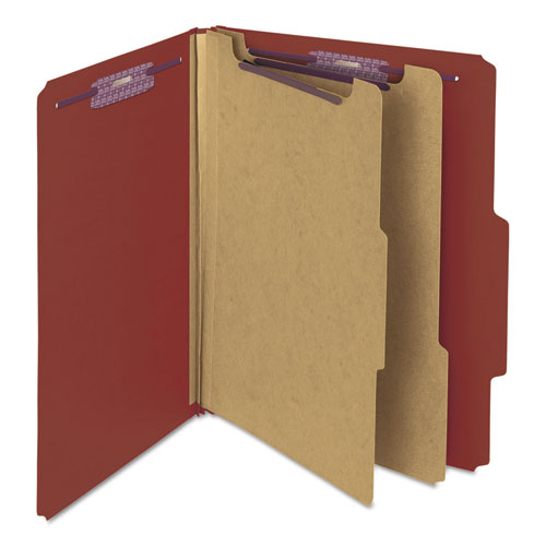 Image of Smead Pressboard Classification Folders, Six SafeSHIELD Fasteners, 2/5-Cut Tabs, 2 Dividers, Letter Size, Red, 10/Box