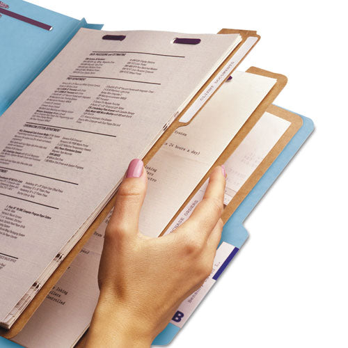 Image of Smead Pressboard Top Tab Classification Folders, Eight SafeSHIELD Fasteners, 3" Expansion, 3 Dividers, Letter Size, Blue, 10/Box