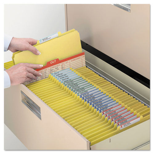 Image of Smead Four-Section Pressboard Top Tab Classification Folders, Four SafeSHIELD Fasteners, 1 Divider, Letter Size, Yellow, 10/Box