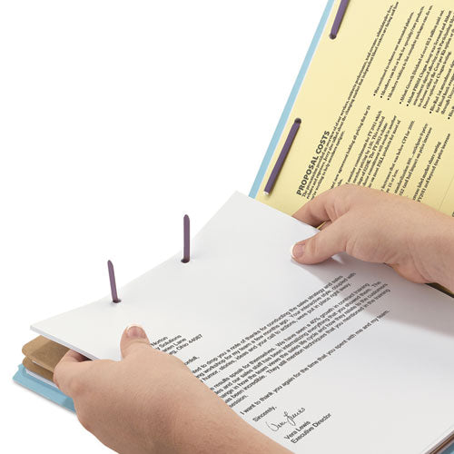 Image of Smead Six-Section Pressboard Top Tab Classification Folders, Six SafeSHIELD Fasteners, 2 Dividers, Letter Size, Blue, 10/Box