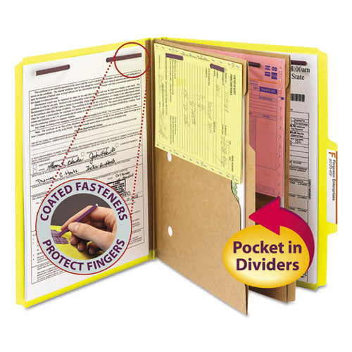 Image of Smead 6-Section Pressboard Top Tab Pocket Classification Folders, 6 SafeSHIELD Fasteners, 2 Dividers, Letter Size, Yellow, 10/Box