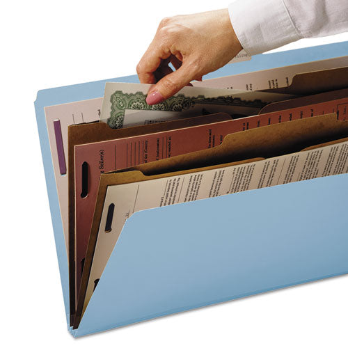 Image of Smead 6-Section Pressboard Top Tab Pocket Classification Folders, 6 SafeSHIELD Fasteners, 2 Dividers, Letter Size, Blue, 10/Box
