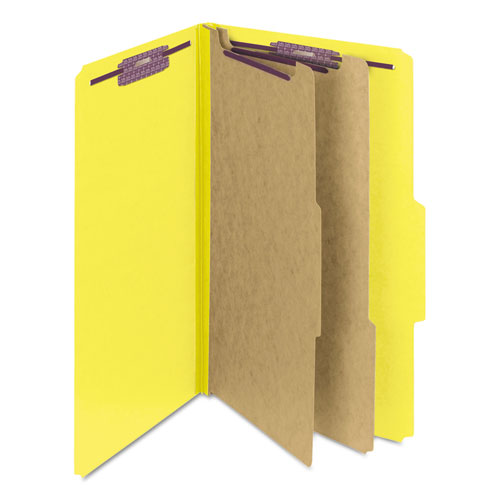 Image of Smead Six-Section Pressboard Top Tab Classification Folders, Six SafeSHIELD Fasteners, 2 Dividers, Legal Size, Yellow, 10/Box