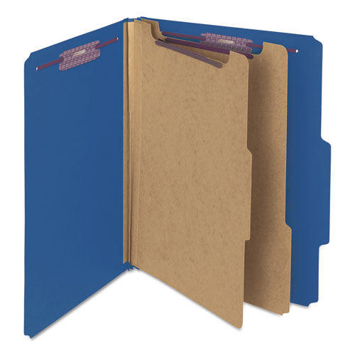 Image of Smead Six-Section Pressboard Top Tab Classification Folders, Six SafeSHIELD Fasteners, 2 Dividers, Letter Size, Dark Blue, 10/Box