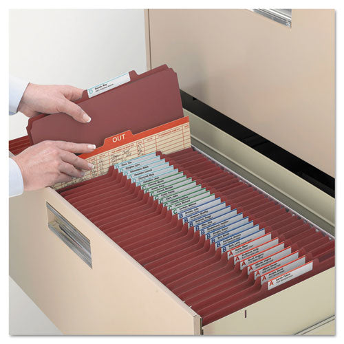 Image of Smead Pressboard Classification Folders, Four SafeSHIELD Fasteners, 2/5-Cut Tabs, 1 Divider, Letter Size, Red, 10/Box