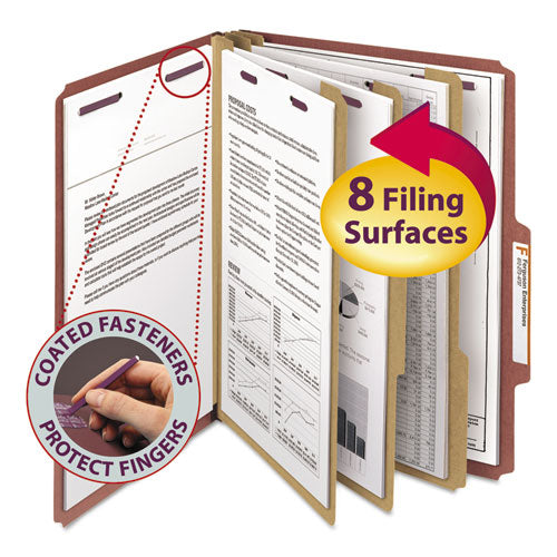 Image of Smead Pressboard Classification Folders, Eight SafeSHIELD Fasteners, 2/5-Cut Tabs, 3 Dividers, Letter Size, Red, 10/Box
