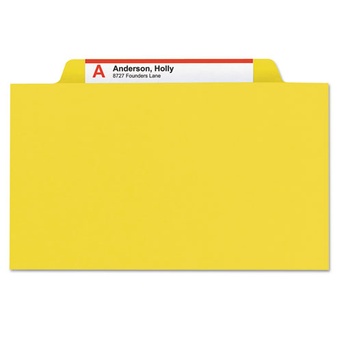 Image of Smead Four-Section Pressboard Top Tab Classification Folders, Four SafeSHIELD Fasteners, 1 Divider, Letter Size, Yellow, 10/Box