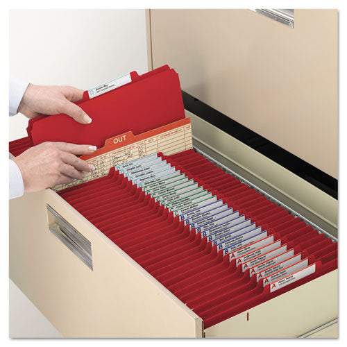 Image of Smead Six-Section Pressboard Top Tab Classification Folders, Six SafeSHIELD Fasteners, 2 Dividers, Legal Size, Bright Red, 10/Box