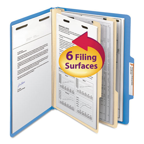 Image of Smead Top Tab Classification Folders, Six SafeSHIELD Fasteners, 2" Expansion, 2 Dividers, Letter Size, Blue Exterior, 10/Box