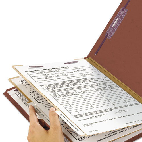 Image of Smead Pressboard Classification Folders, Six SafeSHIELD Fasteners, 2/5-Cut Tabs, 2 Dividers, Letter Size, Red, 10/Box