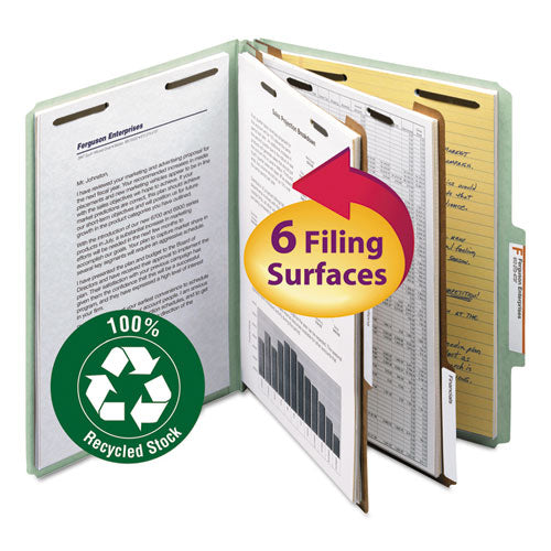 Image of Smead Recycled Pressboard Classification Folders, 2" Expansion, 2 Dividers, 6 Fasteners, Letter Size, Gray-Green, 10/Box